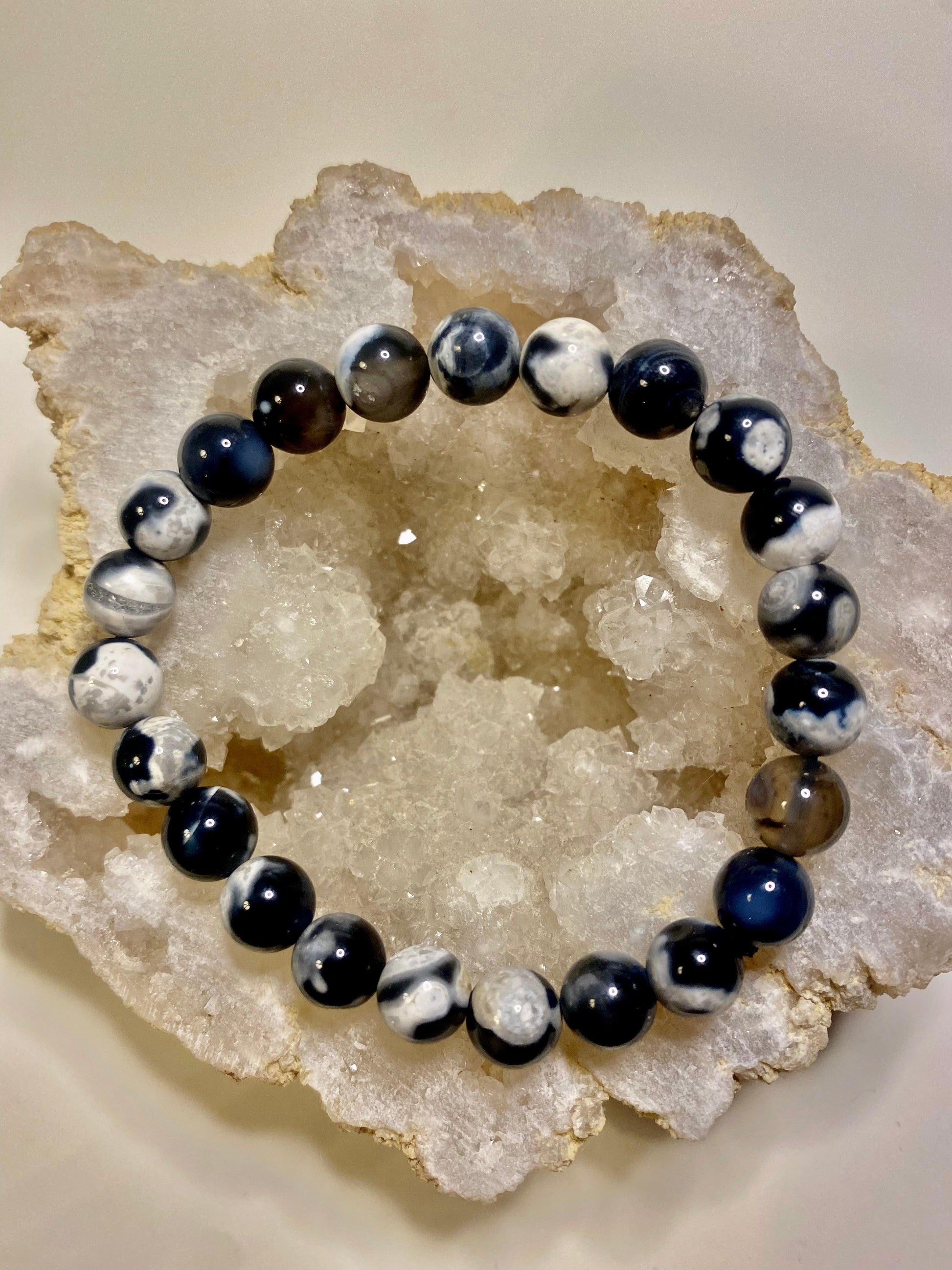 Black Flower Agate 8mm Bead Bracelet - Crystal Intentions