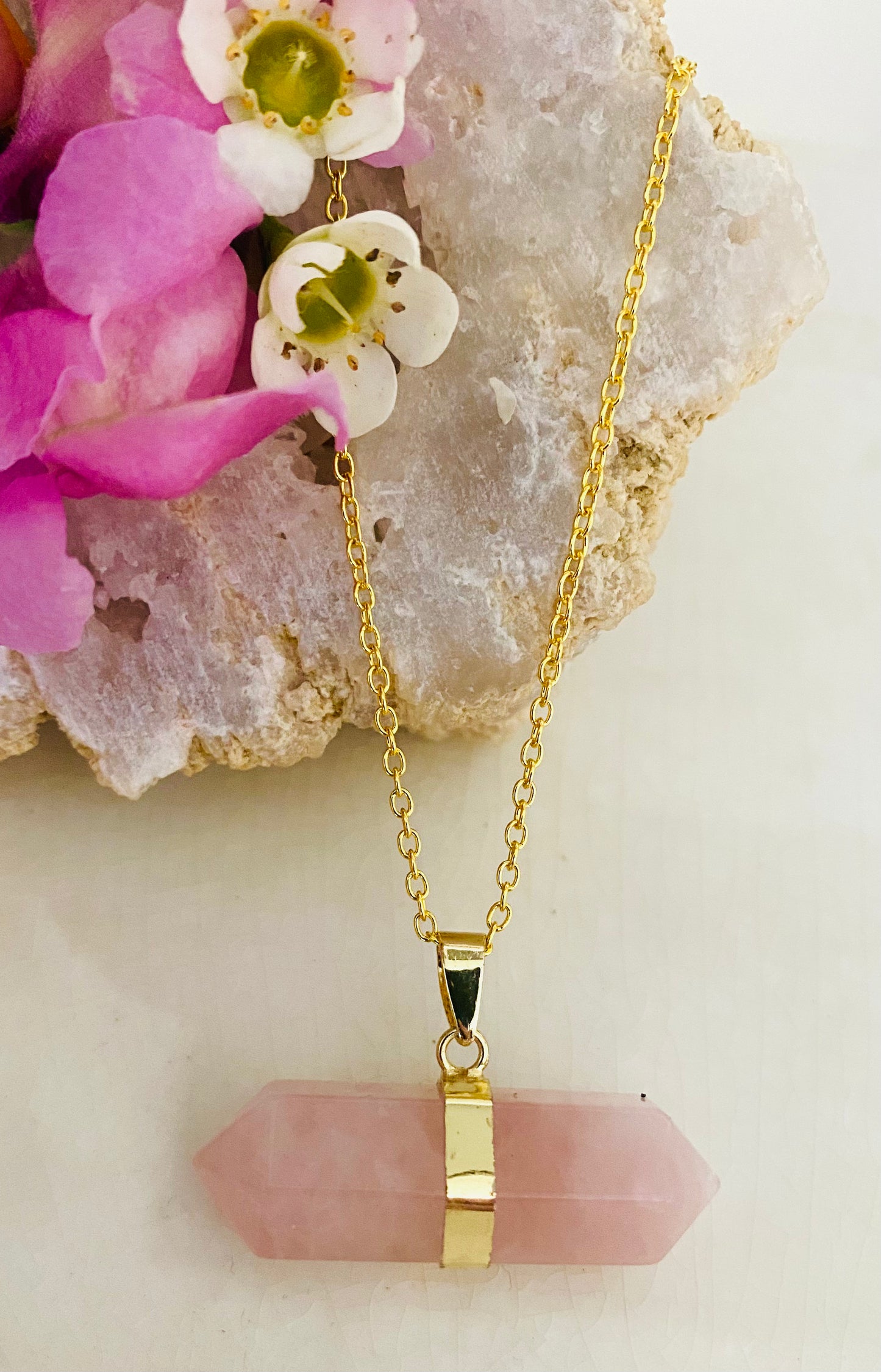 Rose Quartz Double Terminated Point Gold Pendant Necklace