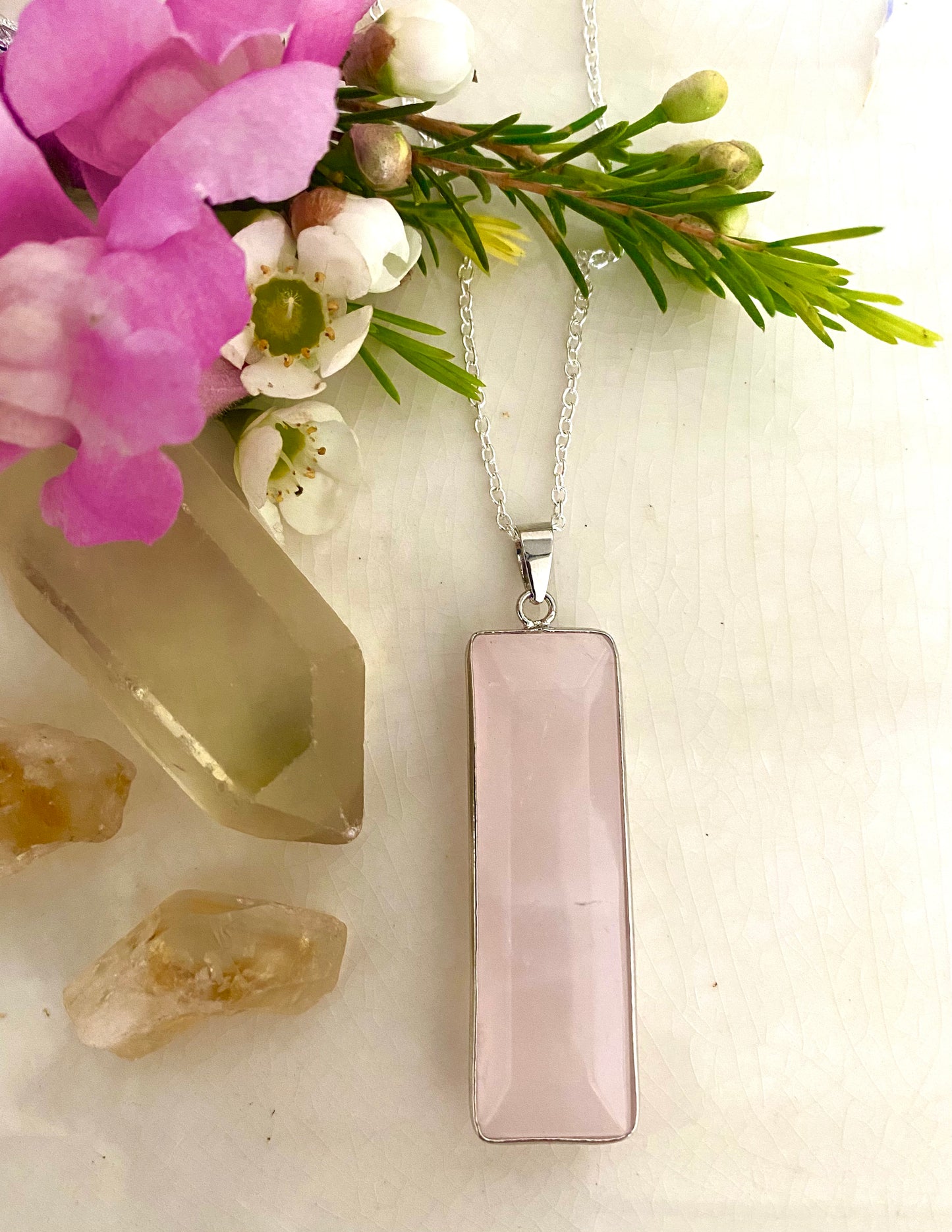 Rectangle Faceted Rose Quartz Silver Plated Pendant Necklace