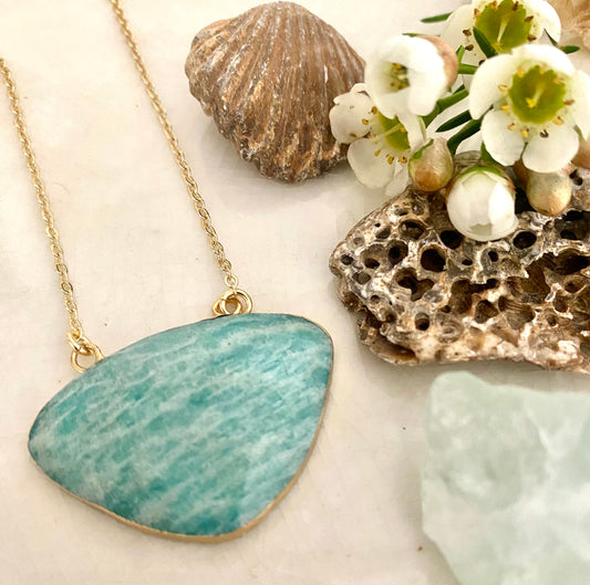 Amazonite Clam Shaped Double Bail Gold Plated Pendant Necklace