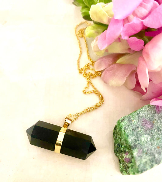 Black Obsidian Double Terminated Point Gold Plated Pendant Necklace