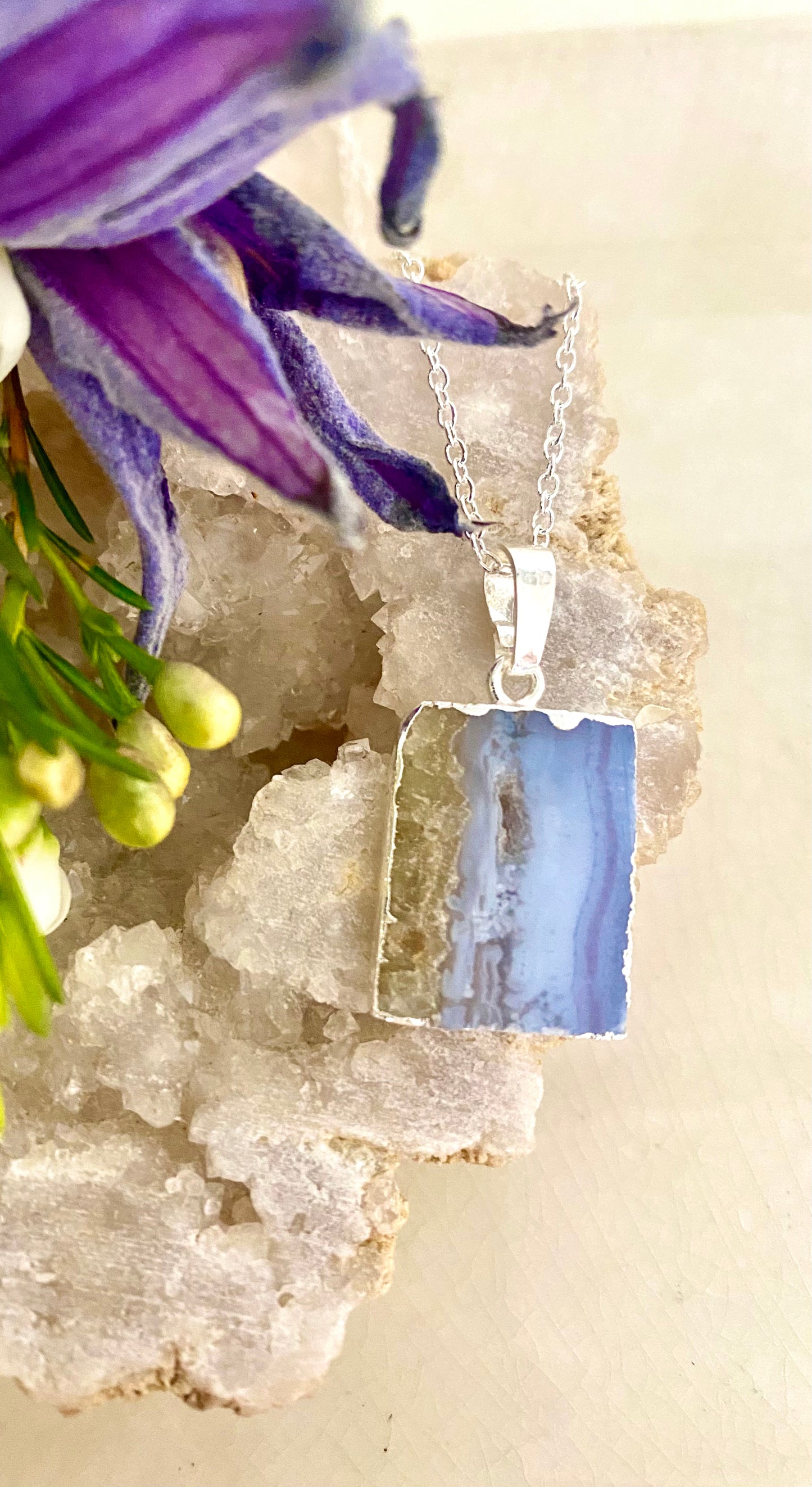 Blue Lace Agate Rectangle Pendant Necklace