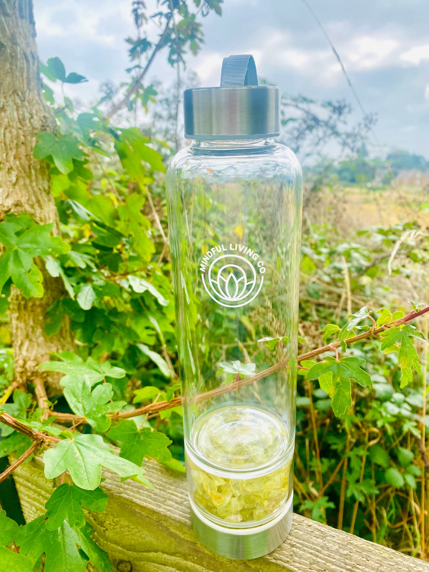 Crystal water bottle on fence surrounded by trees and fields