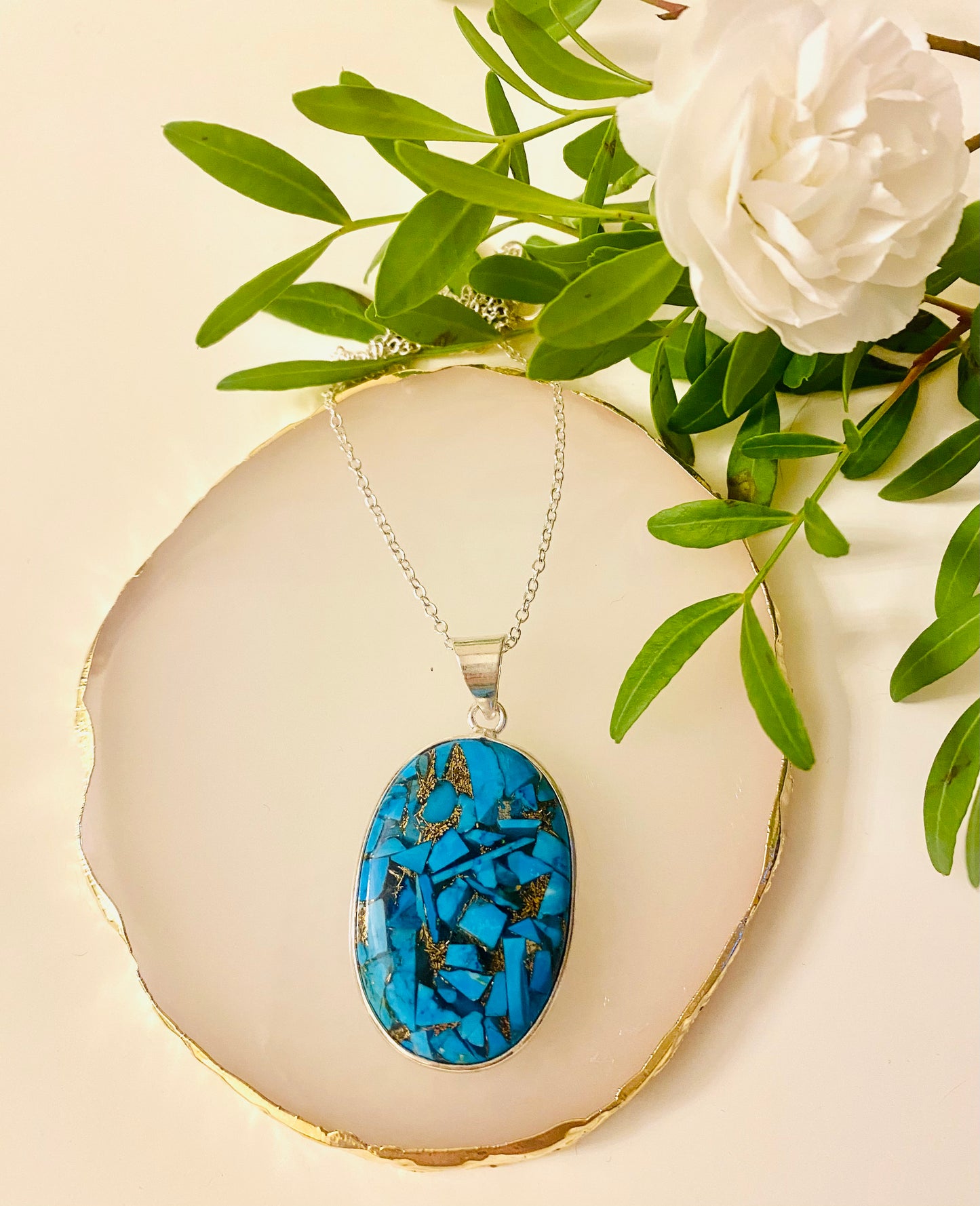 Turquoise and Copper 925 Silver Pendant Necklace